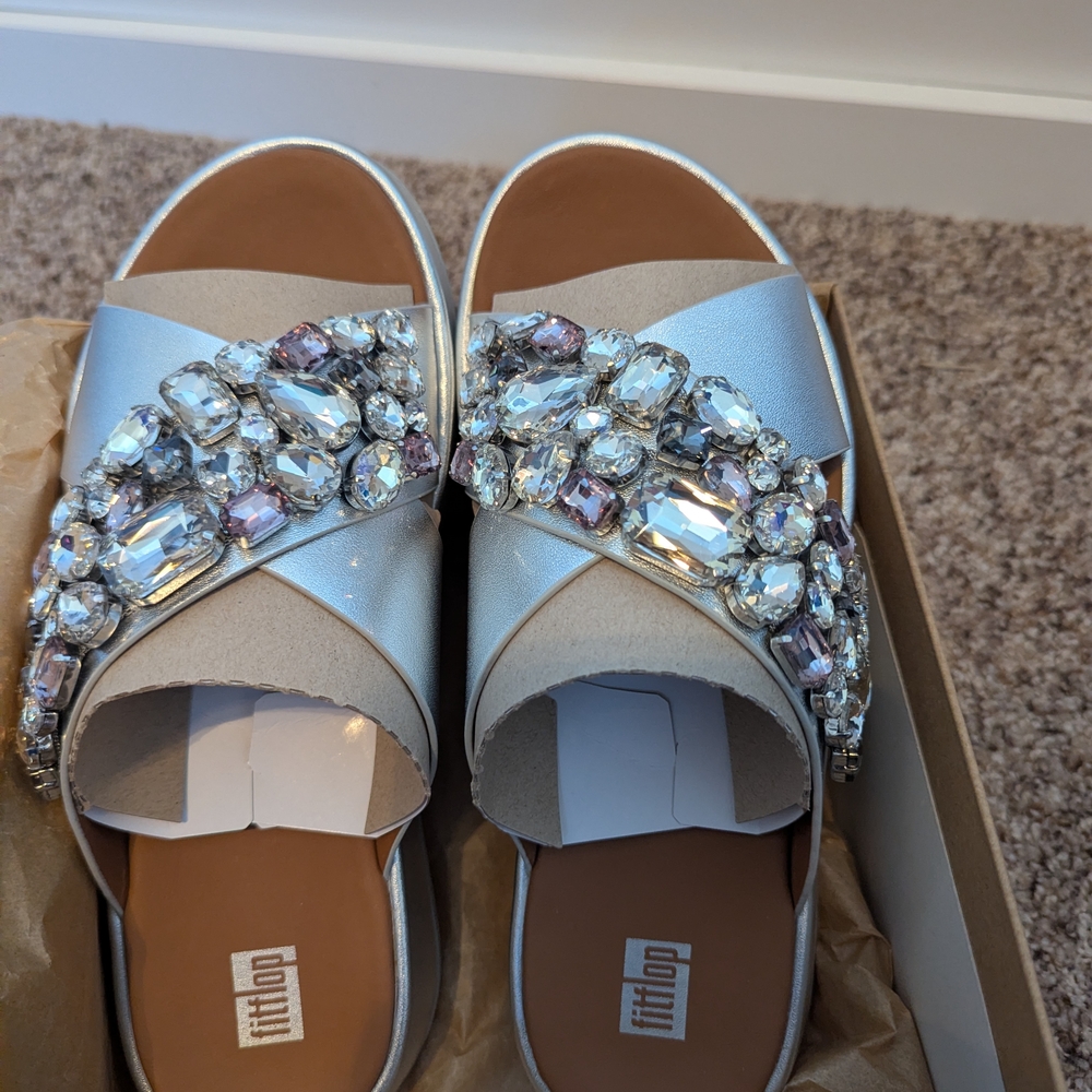 Fitflop Silver Crystal Embellished Slide Sandals